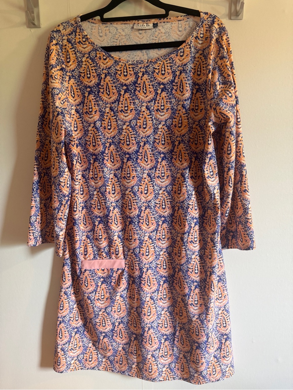 Cabana Life Paisley Tunic Dress Large Blue Coral Pink Resort UPF Stretch Pocket